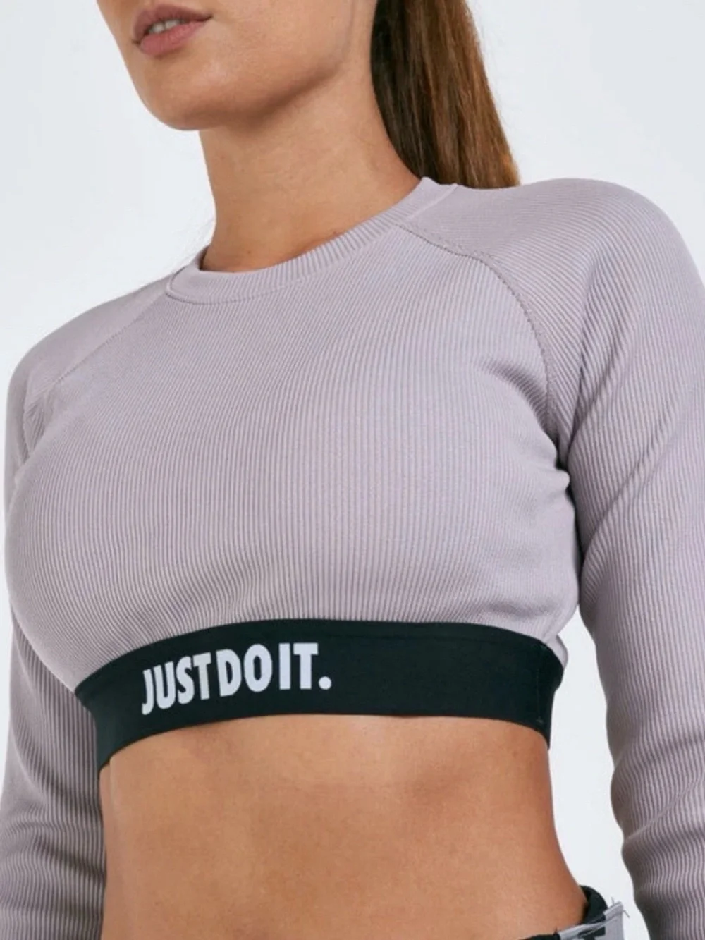 Nike Cropped Long-Sleeve Top in Taupe with Black Elastic